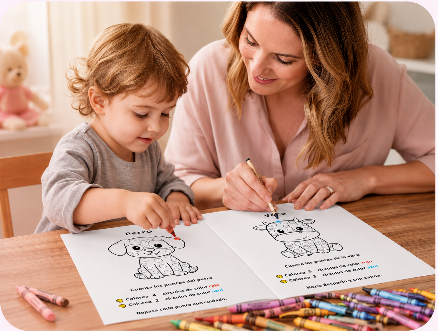 Mamá e hijo coloreando juntos en casa